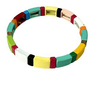 Colorful Chunky Geometric Stretch Bracelet Multicolored Enameled Metal Beads